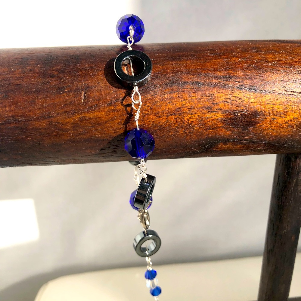 Artisan crafted blue, hematite, silver bracelet